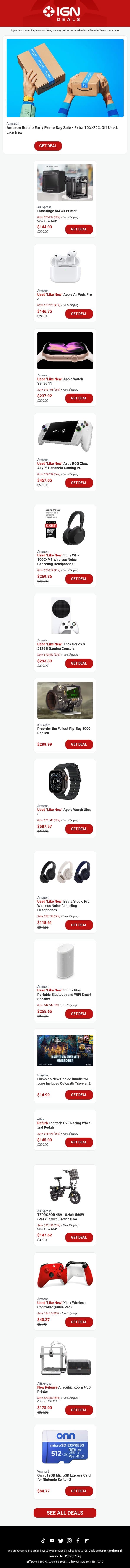Daily Deals: Amazon Resale Early Prime Day Sale - Extra 10%-20% Off Used: Like New email from IGN screenshot