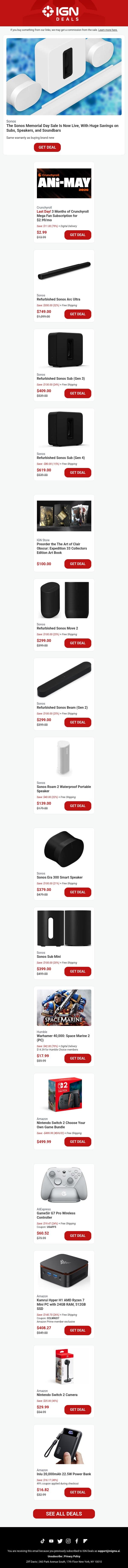 Daily Deals: The Sonos Memorial Day Sale Is Now Live, With Huge Savings on Subs, Speakers, and Soundbars email from IGN screenshot