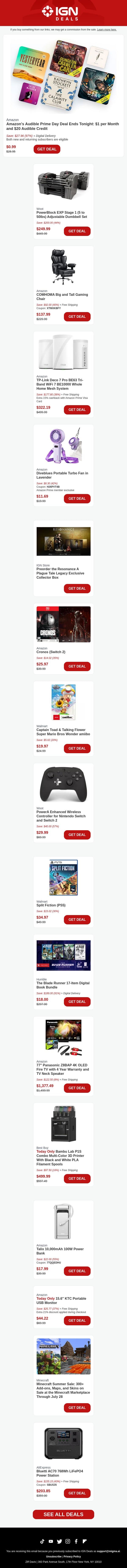 Daily Deals: Last Day to Get Audible for $1 Per Month, Big and Tall Gaming Chair, Adjustable Dumbbell Set, and More email from IGN screenshot