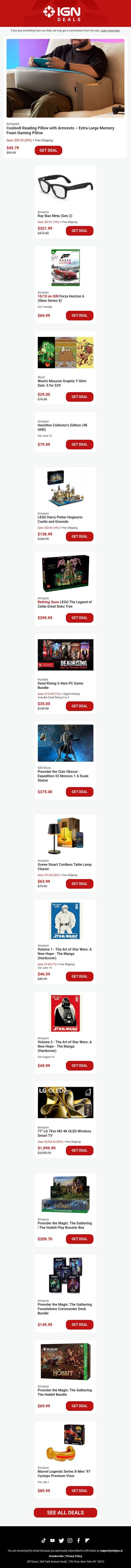 Weekend Deals: 50% Off Gaming Pillow with Armrests email from IGN screenshot