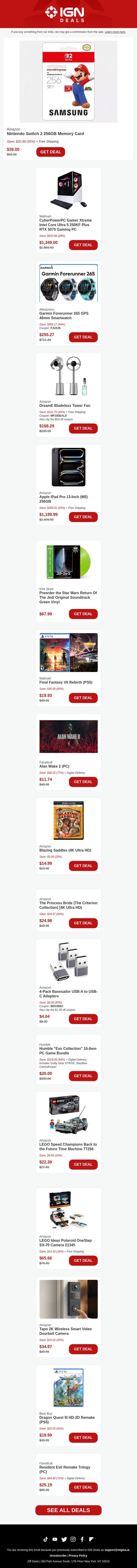 Daily Deals: Switch 2 Memory Card, RTX 5070 Gaming PC, Guilty Gear x BlazBlue Humble Bundle, and More email from IGN screenshot