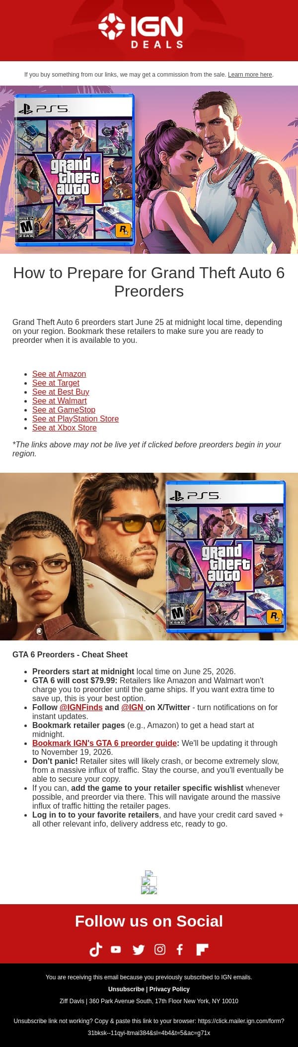 Heads Up: GTA 6 Preorders Go Live in a Few Hours email from IGN screenshot
