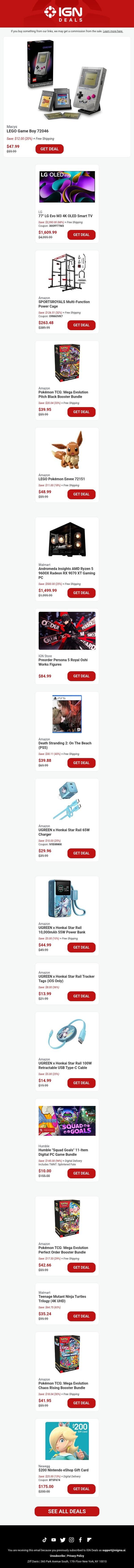 Daily Deals: 20% Off LEGO Game Boy, 70% Off LG OLED TV, Pokemon TCG, and More email from IGN screenshot