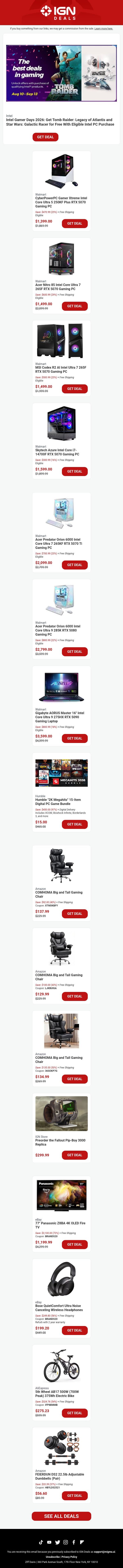 Daily Deals: Intel Gamer Days 2026 Starts Now, Get 2 Free Games With Eligible Gaming PC Purchase email from IGN screenshot