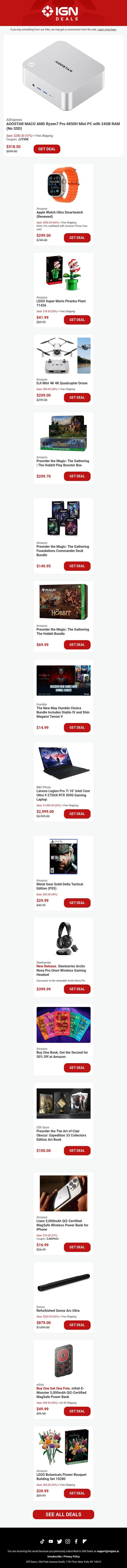 Daily Deals: AMD Ryzen 7 Mini PC, Apple Watch Ultra, LEGO Super Mario Piranha Plant email from IGN screenshot