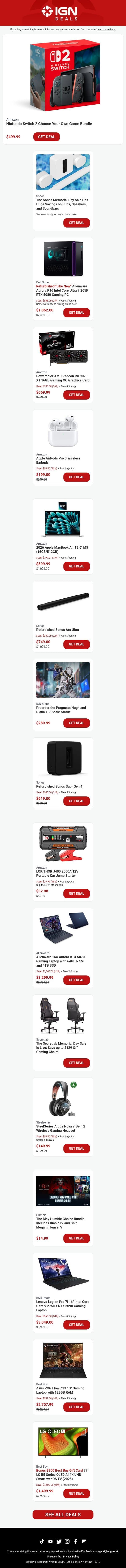 Daily Deals: Nintendo Switch 2 Choose Your Own Game Bundle, Sonos Memorial Day Sale email from IGN screenshot