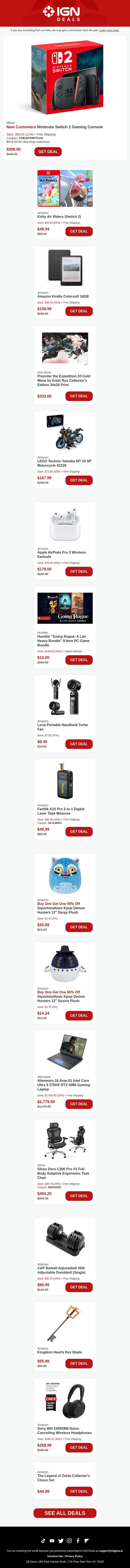 Daily Deals From Day 3 of Amazon Prime Day: $50 Off Nintendo Switch 2 Console email from IGN screenshot