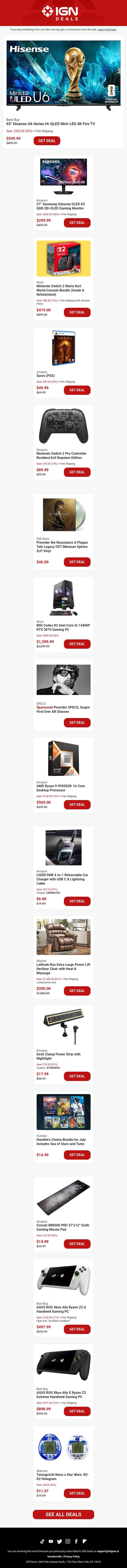 Daily Deals: 40% Off 2026 Hisense TV, 27" Samsung OLED Gaming Monitor for $300, $80 Off Switch 2 email from IGN screenshot