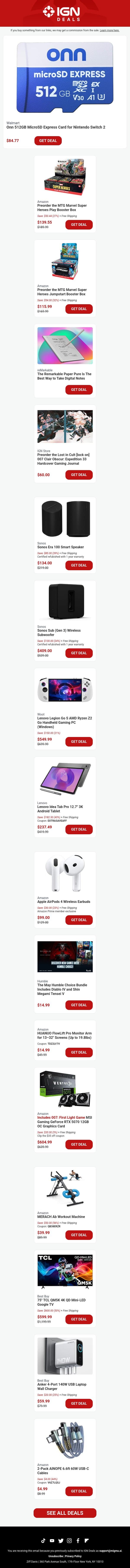 Daily Deals: Switch 2 Memory Card, MTG Marvel Super Heroes, Sonos Speakers email from IGN screenshot