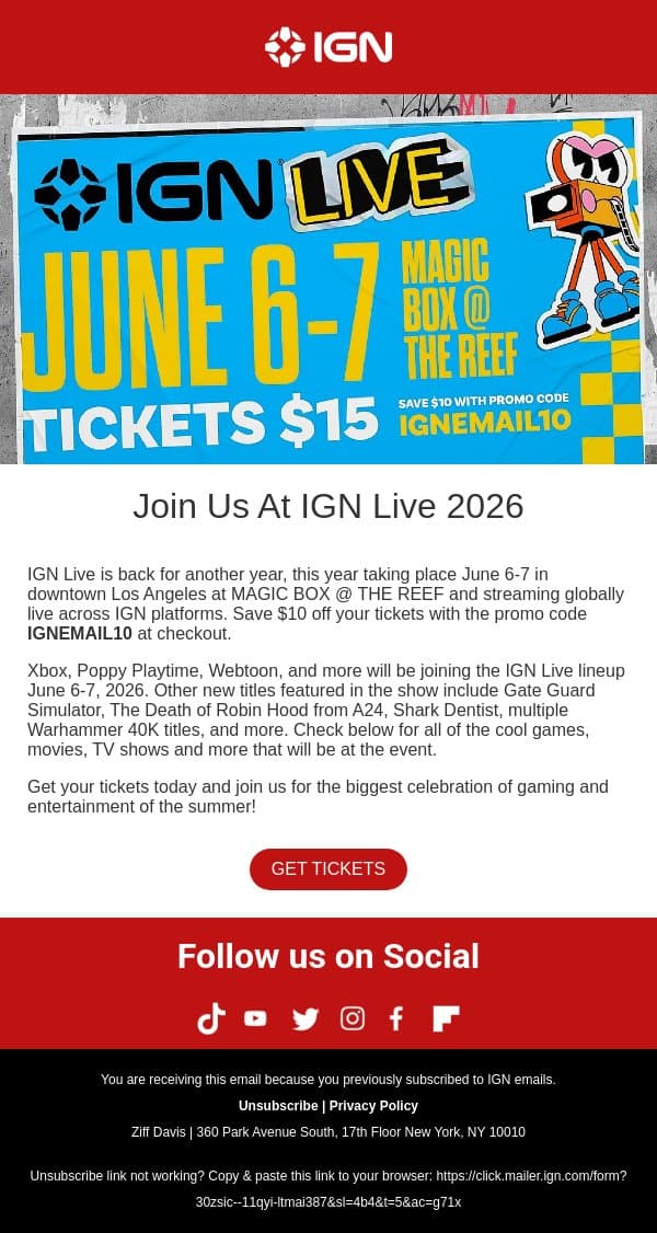 IGN Live 2026 Tickets Are $10 Off for IGN Email Subscribers email from IGN screenshot