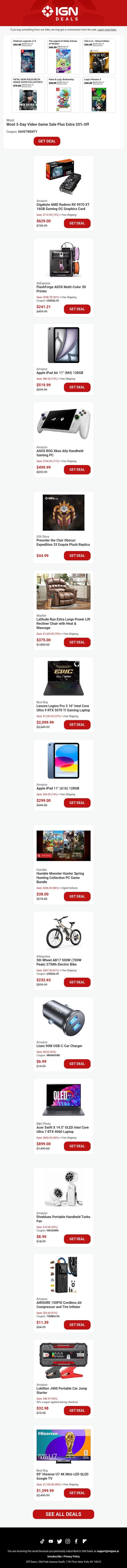 Daily Deals: Woot Video Game Sale, 3D Printer, Apple iPad, 9070 XT GPU, and More email from IGN screenshot