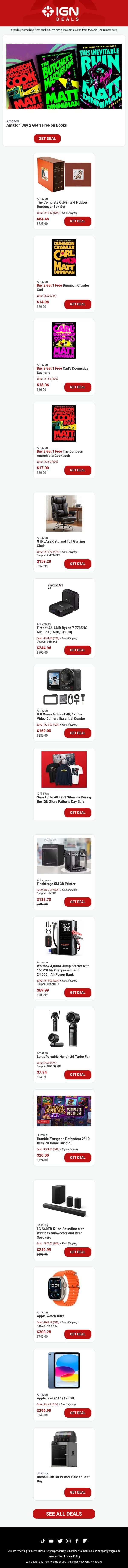 Daily Deals: Amazon Buy 2 Get 1 Free on Books, Including Dungeon Crawler Carl email from IGN screenshot