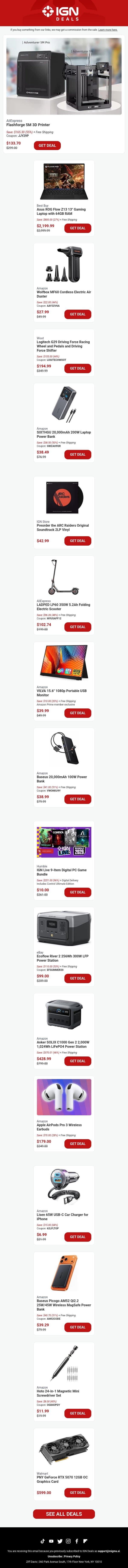 Daily Deals: 3D Printer for $130, $800 Off Asus ROG Flow Z13 Laptop, Father's Day Air Duster email from IGN screenshot