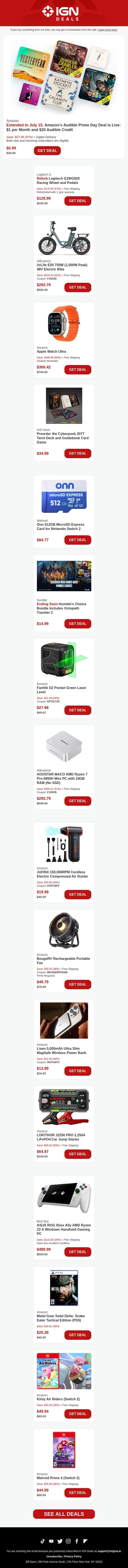 Daily Deals: Logitech Racing Wheel, Electric Bike, Xbox Ally Handheld, and More email from IGN screenshot