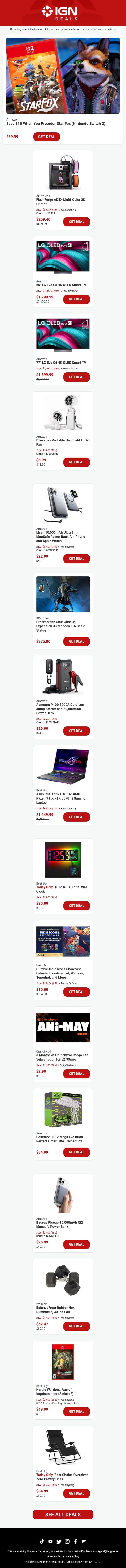 Daily Deals: Save $10 When You Preorder Star Fox (Nintendo Switch 2) email from IGN screenshot