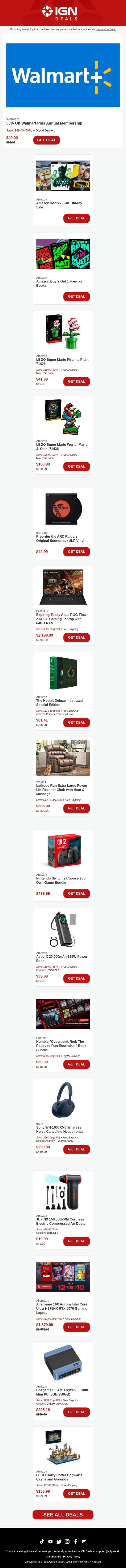 Daily Deals: 50% Off Walmart Plus Membership, Massive Amazon 4K Blu-ray Sale email from IGN screenshot