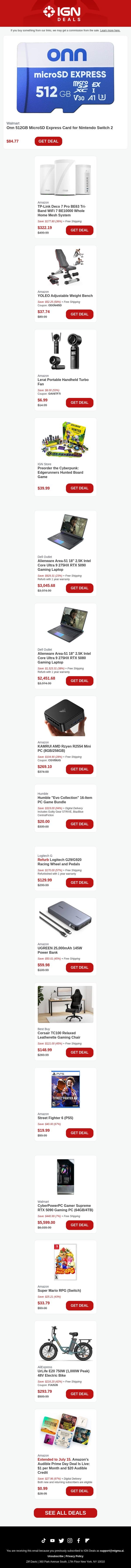 Daily Deals: Switch 2 Memory Card, Alienware Gaming Laptops, Corsair Gaming Chair email from IGN screenshot