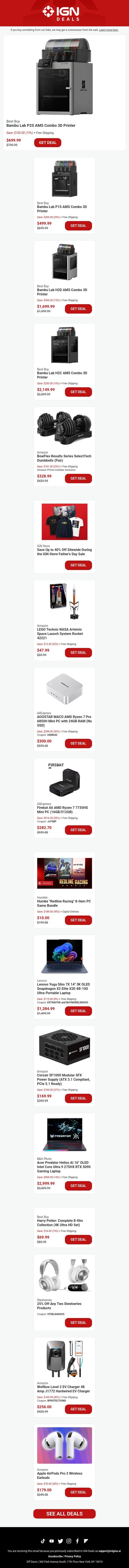 Daily Deals: Bambu Lab 3D Printer Sale at Best Buy, Bowflex Dumbbells, Harry Potter, and More email from IGN screenshot