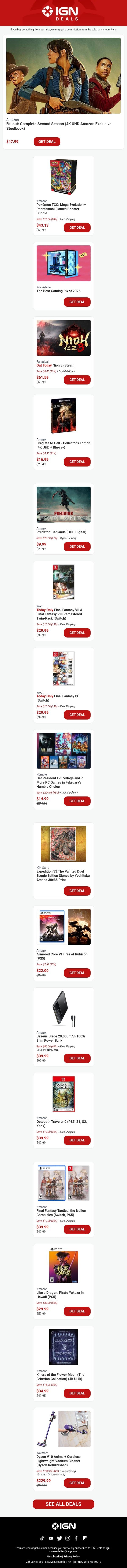 Daily Deals: Fallout 2nd Season 4K Steelbook Is Up for Preorder email from IGN screenshot
