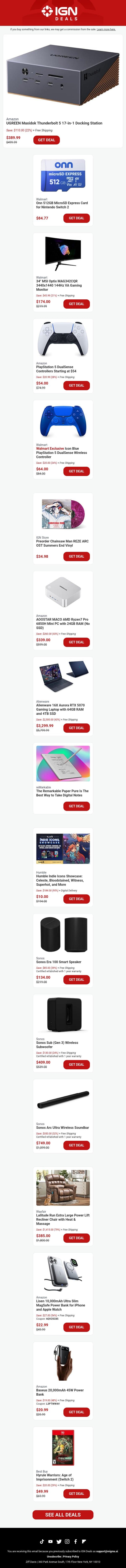 Daily Deals: PS5 Icon Blue DualSense Controller, Switch 2 Memory Card, Sonos email from IGN screenshot