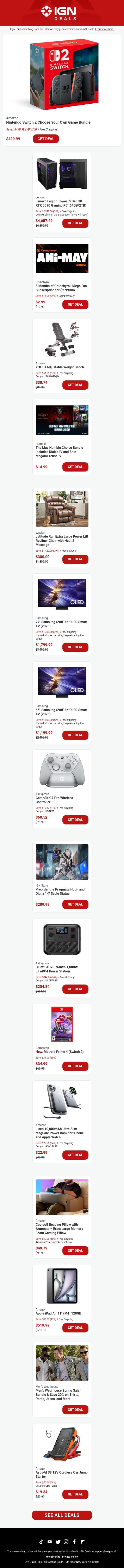 Daily Deals: Nintendo Switch 2 Choose Your Own Game Bundle, Legion RTX 5090 Gaming PC email from IGN screenshot