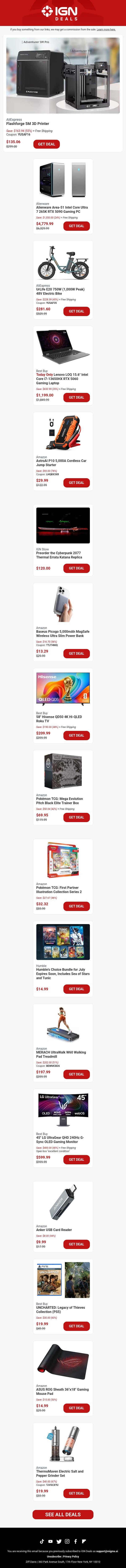 Daily Deals: Flashforge 3D Printer for $135, 48V 1,000W Electric eBike for $282, Pokemon TCG, and More email from IGN screenshot