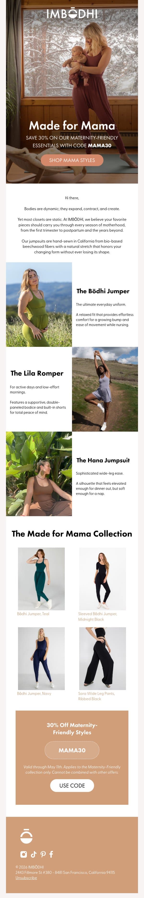 Jumpsuits shouldn't stop fitting when life changes email from IMBŌDHI screenshot