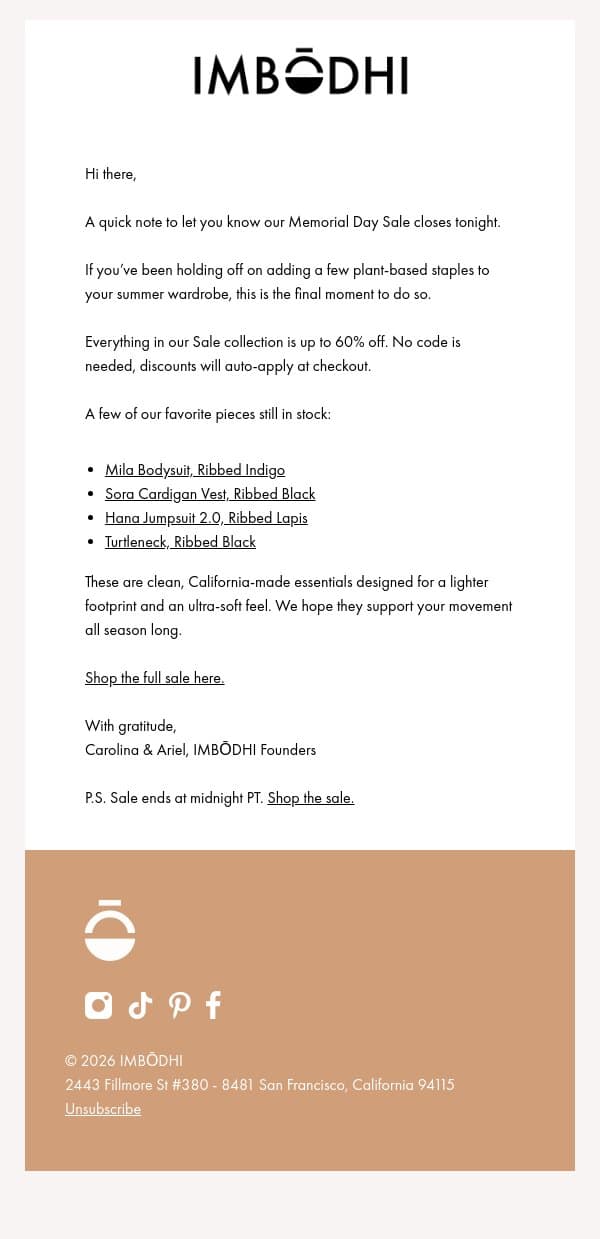 The final hours email from IMBŌDHI screenshot