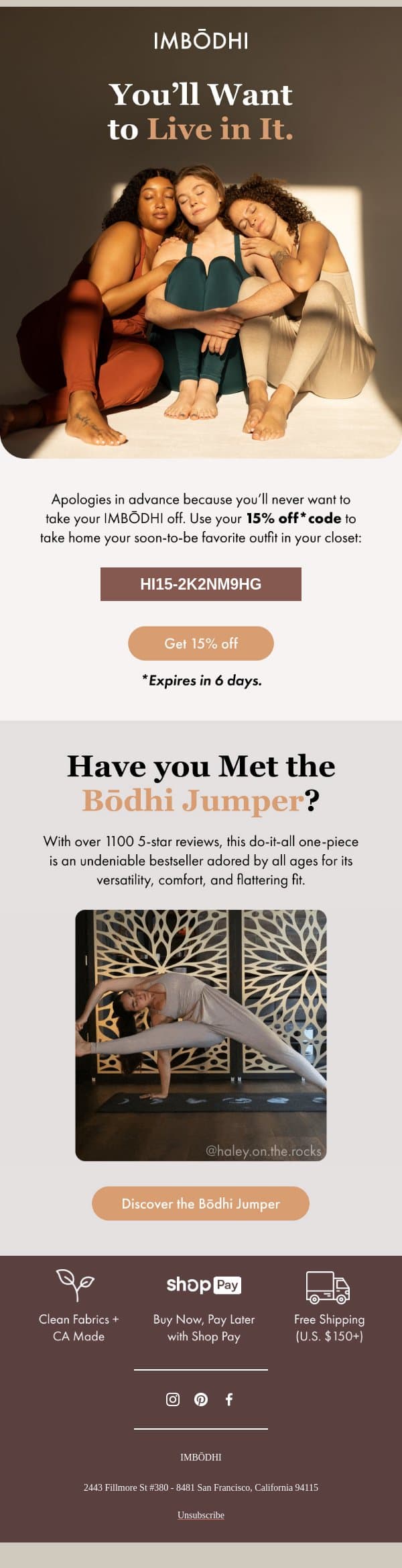 “I wear it to work, the gym, and date night” email from IMBŌDHI screenshot
