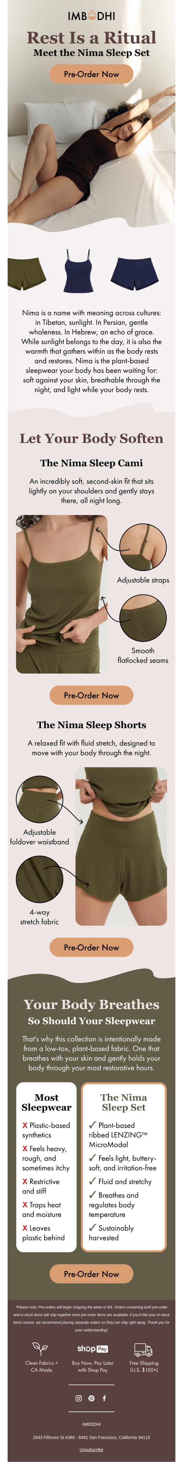 Plant-based sleepwear is here ↠ email from IMBŌDHI screenshot