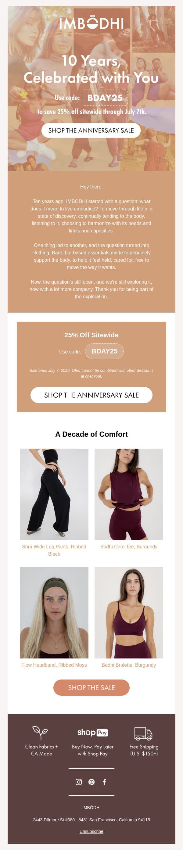 Our 10 Year Anniversary Sale starts now! email from IMBŌDHI screenshot
