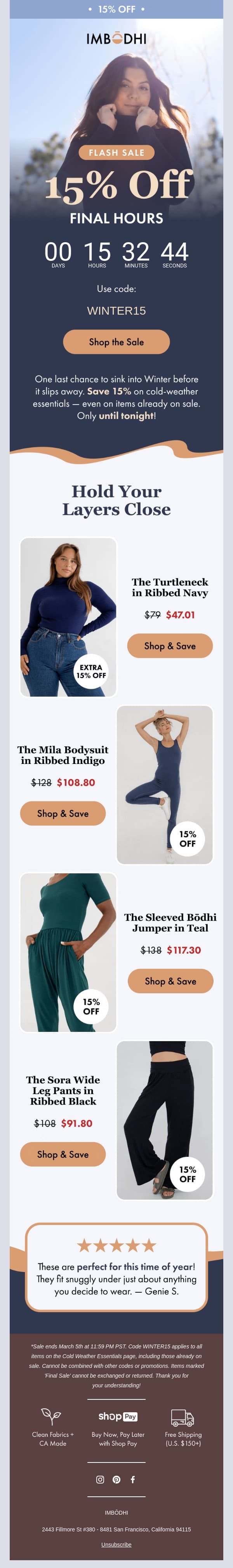 15% off is slipping away! email from IMBŌDHI screenshot