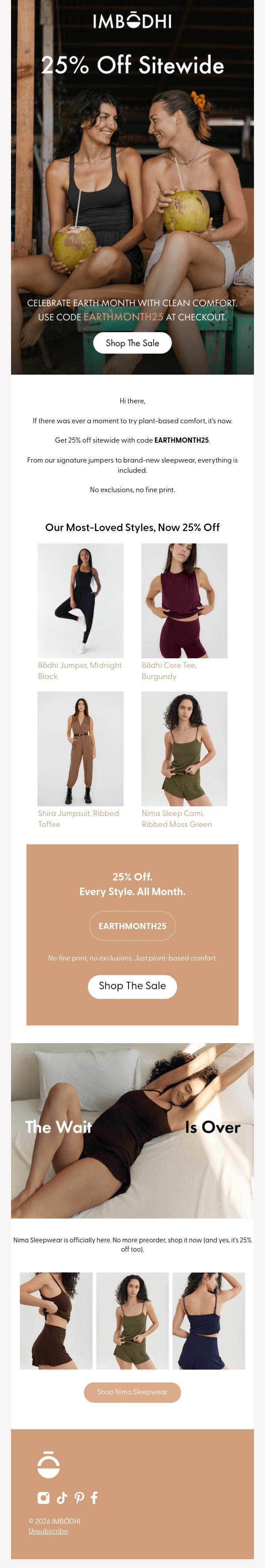 25% off everything during Earth Month! email from IMBŌDHI screenshot