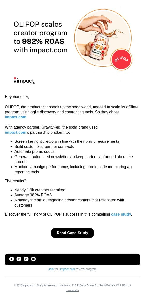 OLIPOP scales creator program to 982% ROAS email from Impact screenshot