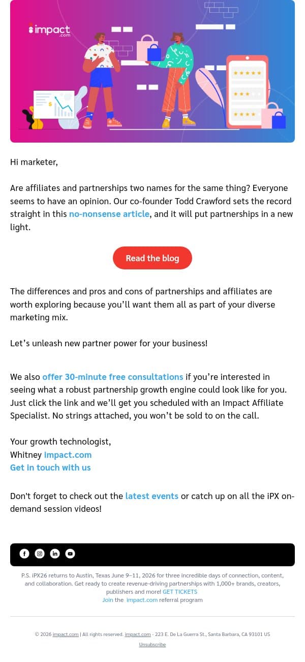 Hot topic! Affiliates vs. partnerships—what’s the difference? Find out email from Impact screenshot