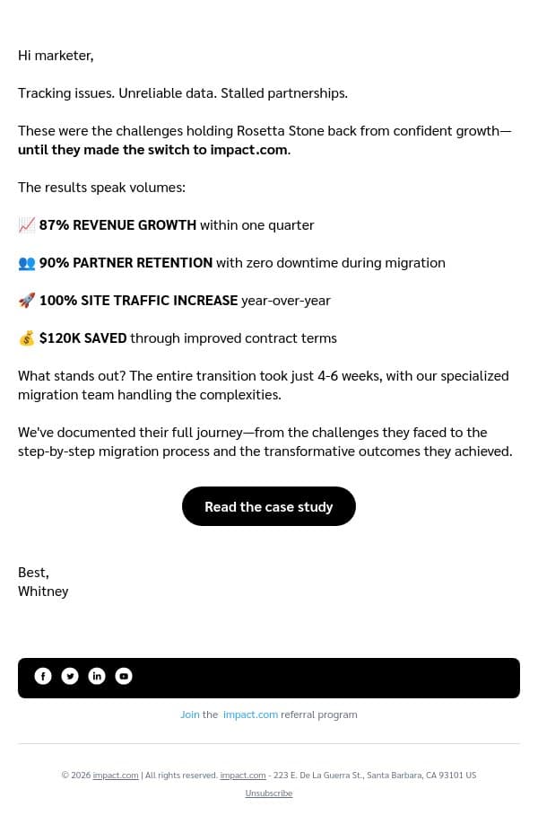 Rosetta Stone saw 87% growth in just one quarter email from Impact screenshot