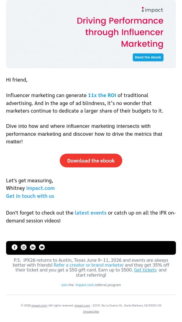 Drive influencer performance—discover marketing metrics that matter email from Impact screenshot