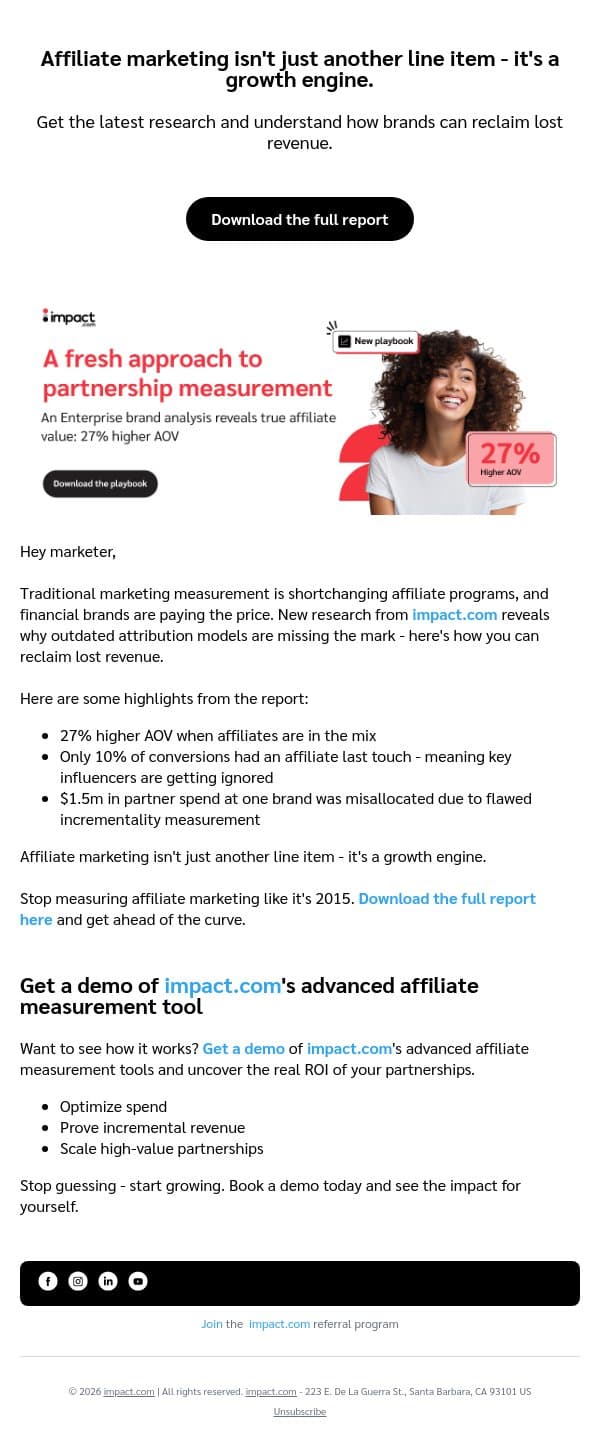 Reclaim lost revenue with affiliate marketing email from Impact screenshot