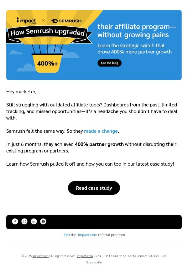 How Semrush unlocked 400% partner growth by migrating platforms email from Impact screenshot