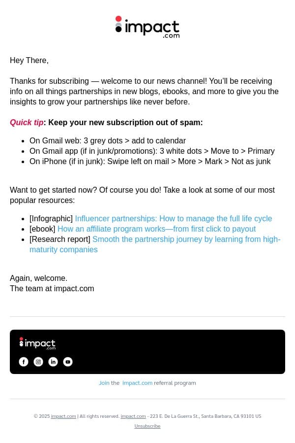 Thanks for signing up: key insights coming to you right away email from Impact screenshot