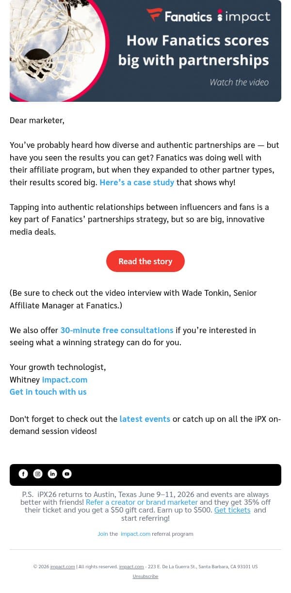 Friend, Fanatics’ partnerships score big with fans—get the story email from Impact screenshot