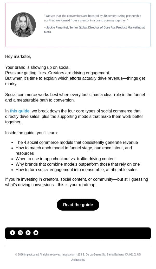 The 4 social commerce models that actually drive sales email from Impact screenshot