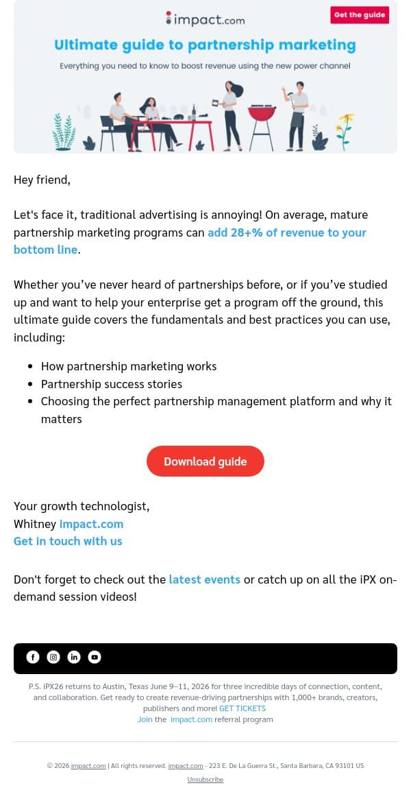 The ultimate guide to ultimate revenue: partnership marketing email from Impact screenshot