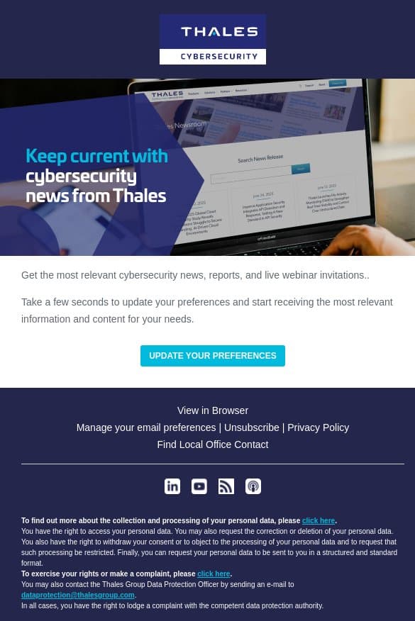 Keep current with cybersecurity news from Thales email from Imperva screenshot