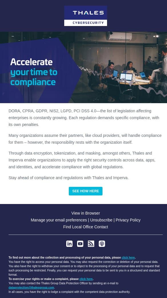 Accelerate your time to compliance email from Imperva screenshot