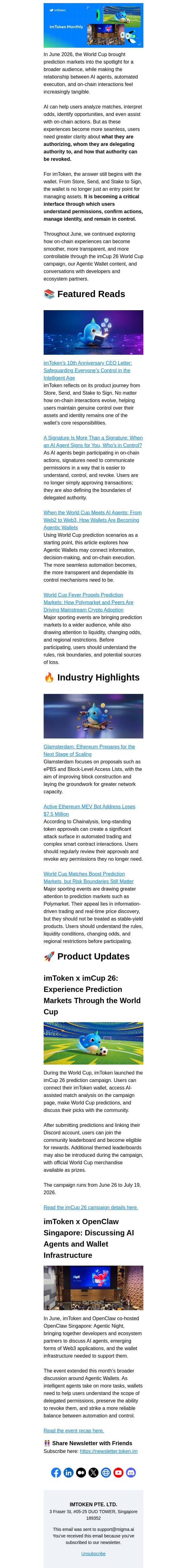 imToken June Brief | From World Cup Predictions to AI Agents, Keeping User Control at the Center email from imToken screenshot