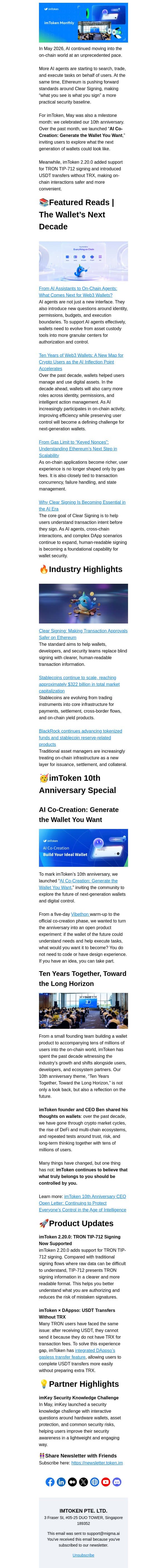 imToken May Brief | 10th Anniversary AI Co-Creation Wraps Up, TRON UX Gets an Upgrade email from imToken screenshot