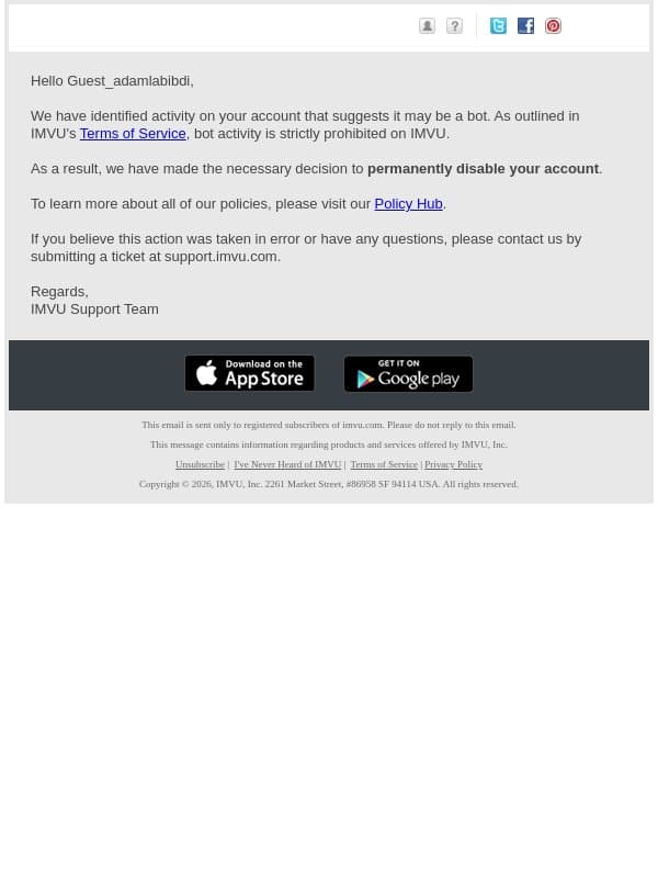 Your IMVU account Guest_adamlabibdi has been permanently disabled email from IMVU screenshot