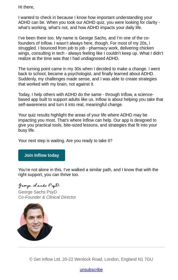 From one ADHDer to another email from Inflow screenshot