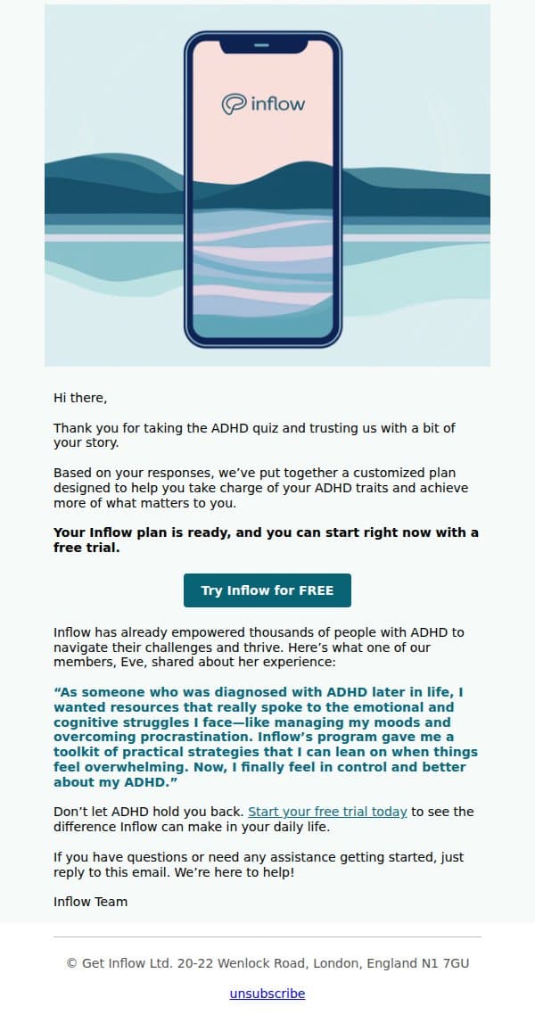 Your personalized ADHD plan is ready! email from Inflow screenshot